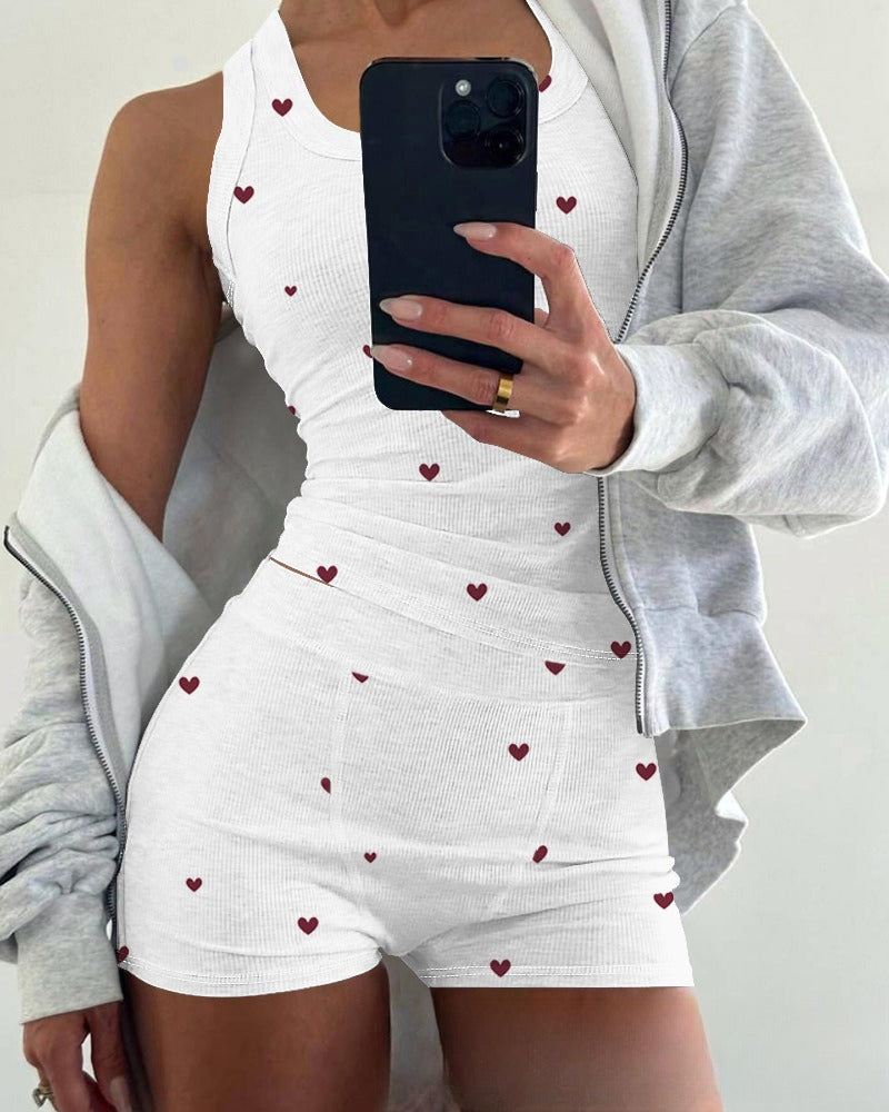 Light Gray U-Neck Ribbed Tank Top And Shorts 2-Piece Set