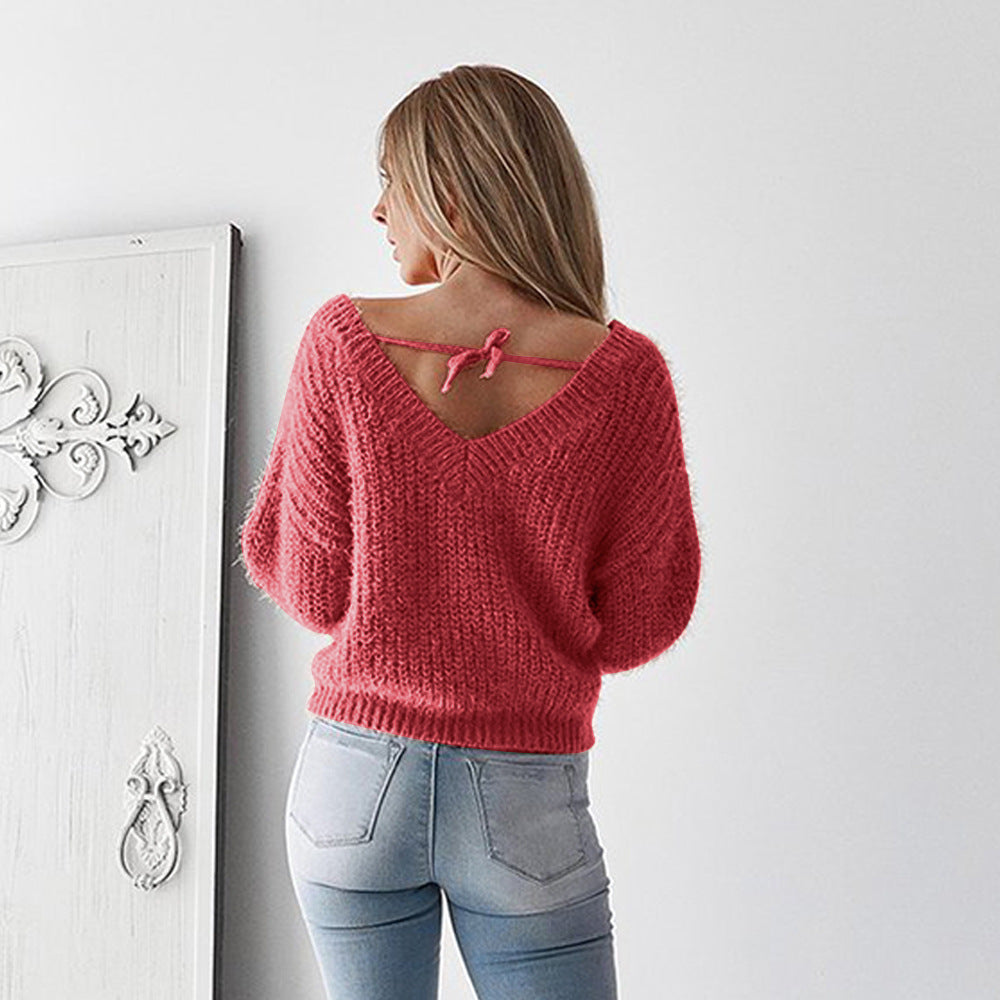 Long-sleeved V-neck strappy casual loose sweater