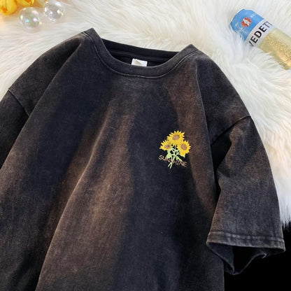 Sunflower Embroidered Washed Short-sleeved T-shirt For Men