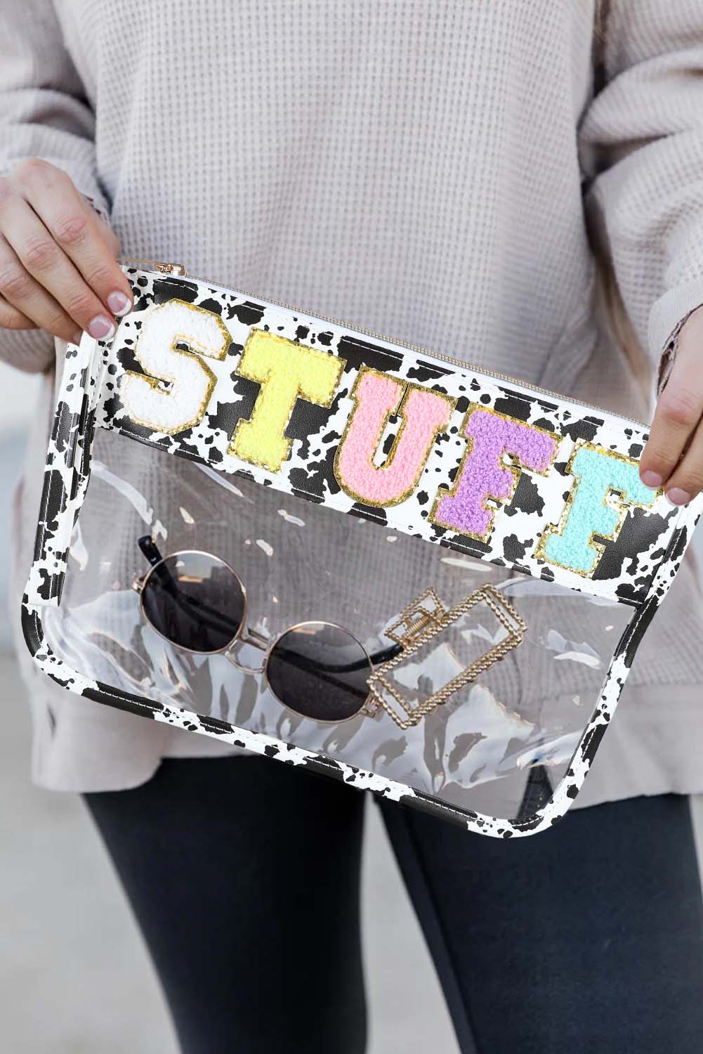 Black SNACKS Chenille Letters Zipped Clear Pouch