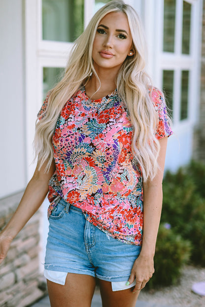 Red Cakewalk Floral Smocked Blouse