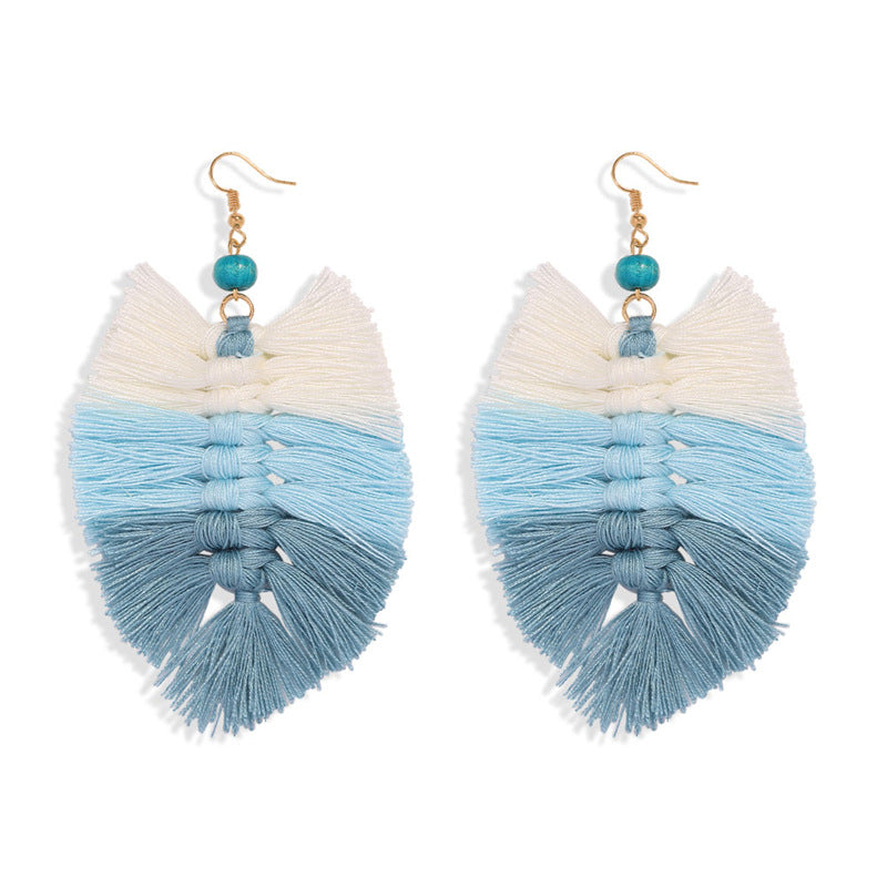 Handmade Gradient Tassel Earrings Leaf Shape Ethnic Style Earrings Exotic Holiday Earrings