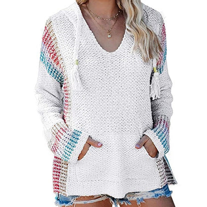 Striped Color Matching Hooded Long Sleeve Pullover Loose Sweater