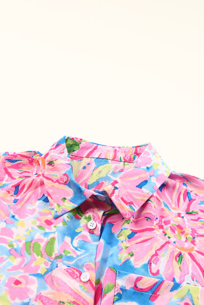 Pink Floral Print Buttoned V Neck Shirt