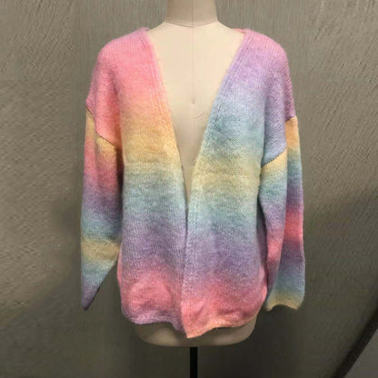 Autumn And Winter Rainbow Tie-dye Knitted Top Mid-length Cardigan Sweater