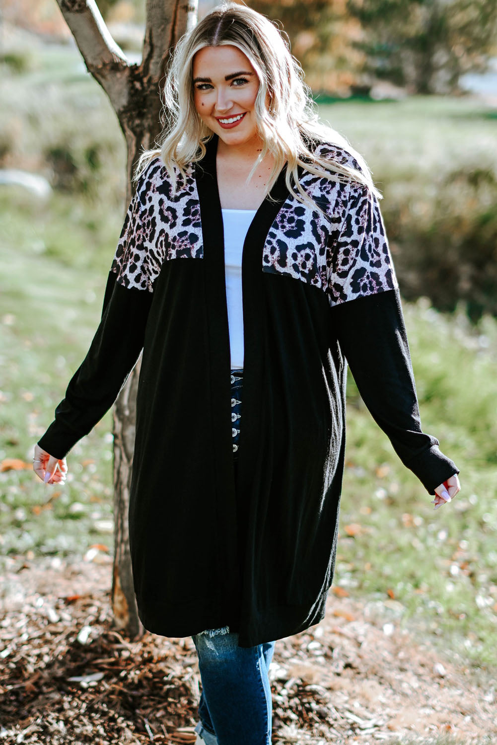 Green Printed Leopard Detail Plus Size Cardigan