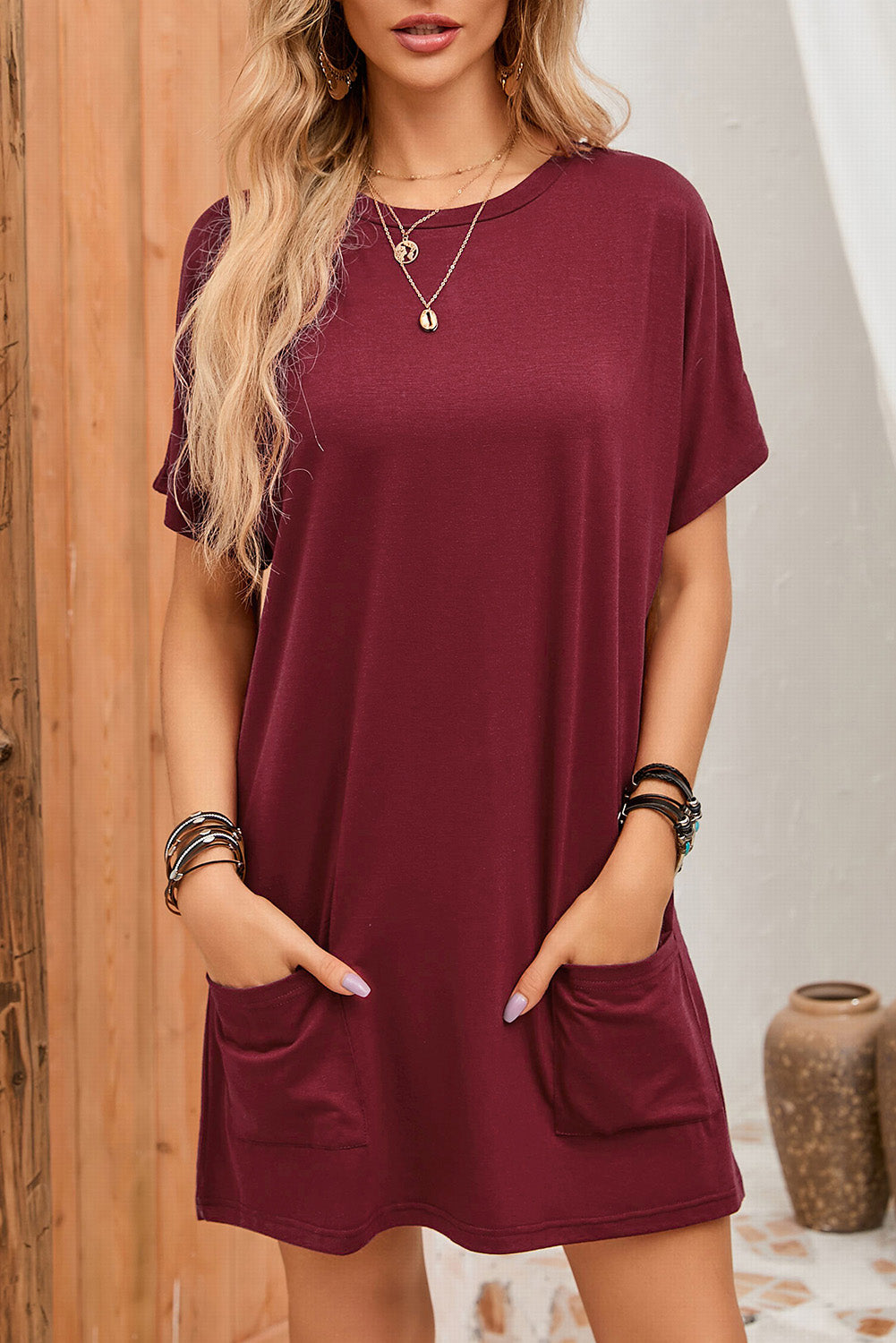 White Side Pockets Short Sleeve Tunic Top
