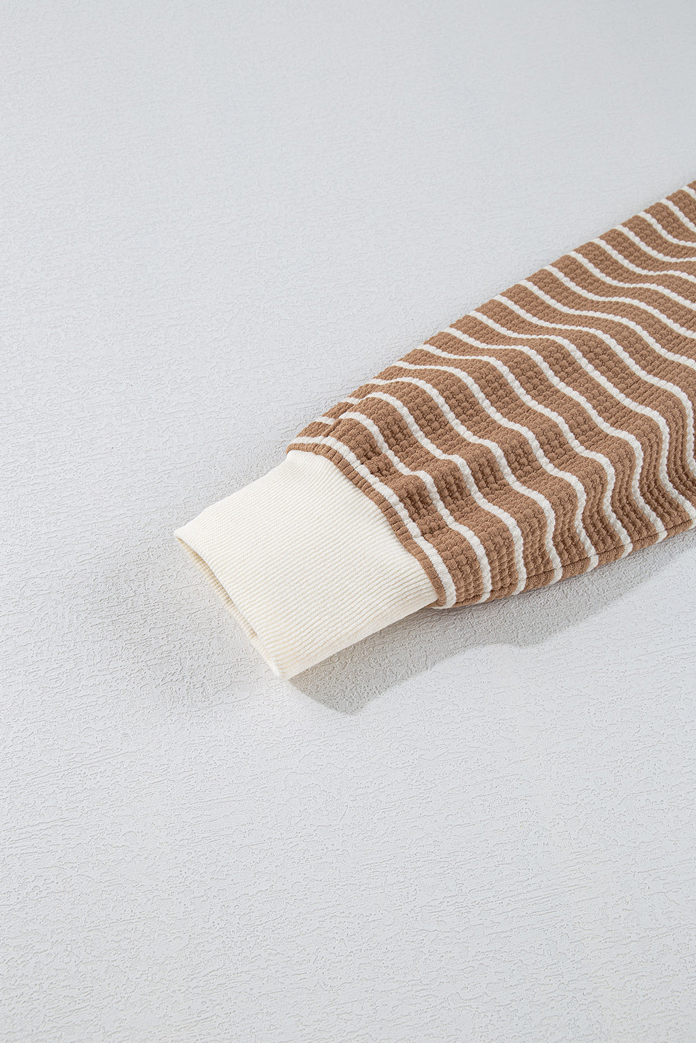 Khaki Stripe Patched Edge Textured Round Neck Long Sleeve Top