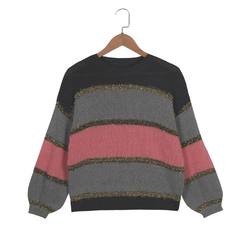 Women's multicolor stitching loose sweater
