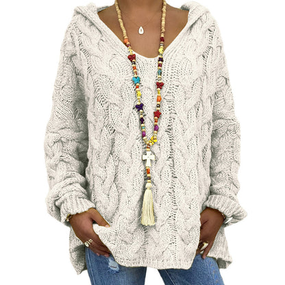 Solid Color Twist Knitted Hoodie Sweater For Women
