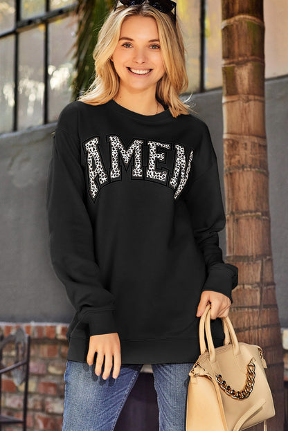 Pink AMEN Leopard Letter Print Oversized Pullover Sweatshirt