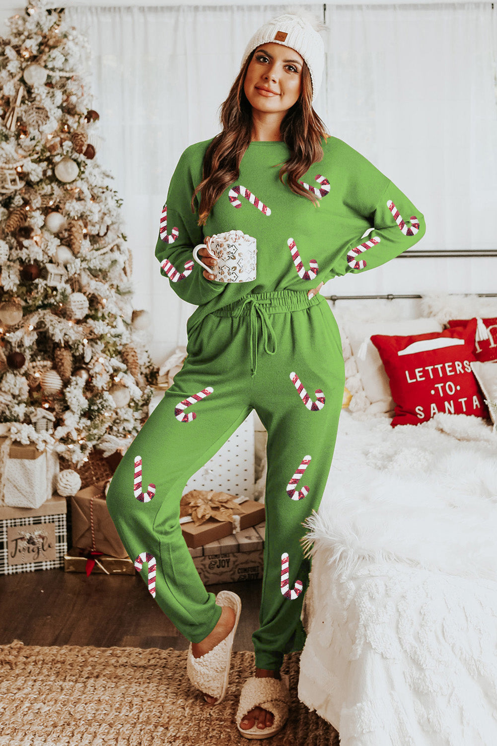 Spinach Green Long Sleeve Pullover and Jogger Pants Lounge Set