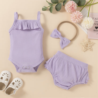 Children's Clothing Baby Solid Color Three-piece Set Sunken Stripe Strap Lace Multi-layer Edge Romper