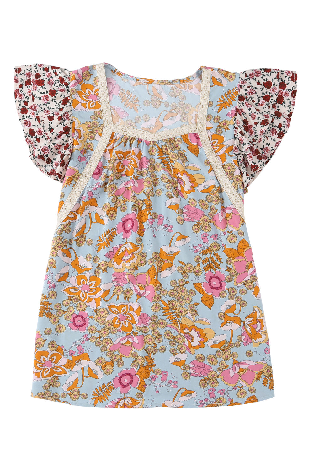 Brown Vintage Floral Smocked Bodice Flare Sleeve Tiered Long Dress