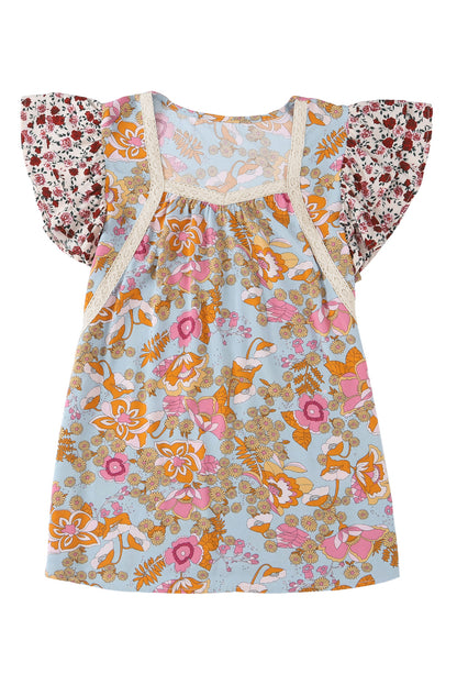 Brown Vintage Floral Smocked Bodice Flare Sleeve Tiered Long Dress