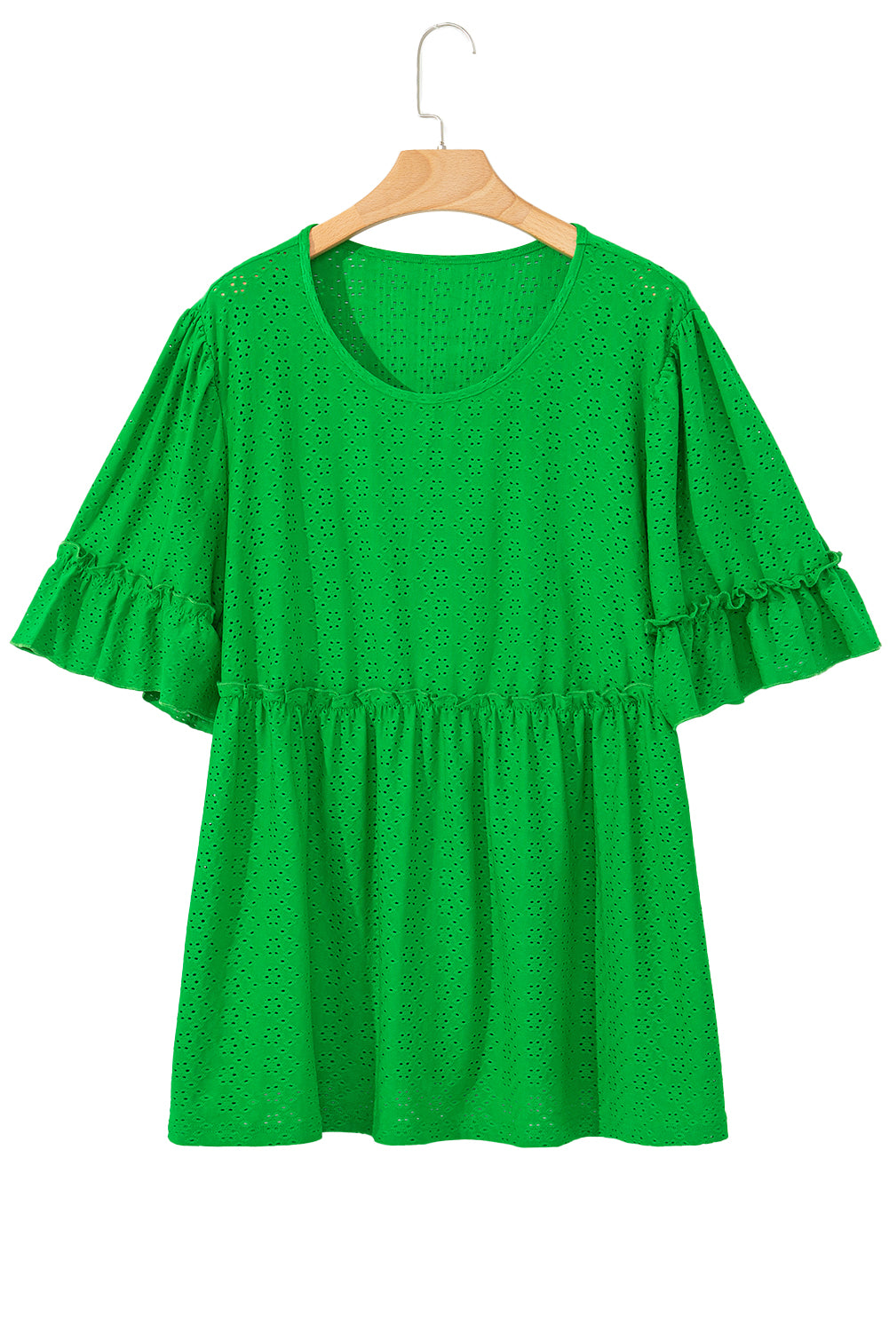Green Textured Frilled Short Sleeve Plus Size Babydoll Blouse