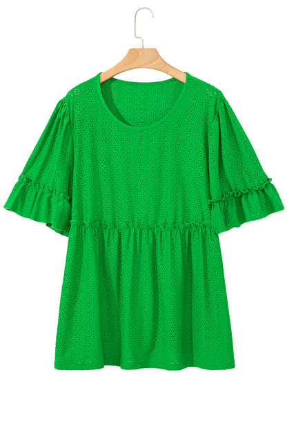Green Textured Frilled Short Sleeve Plus Size Babydoll Blouse
