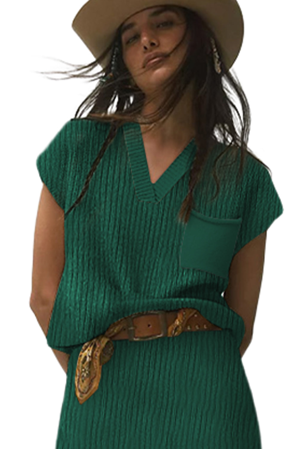 Apricot Chest Pocket V Neck Ribbed Cap Sleeve Sweater