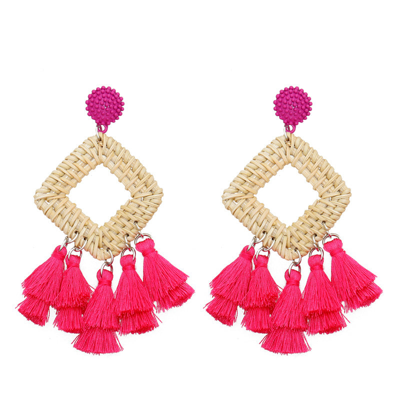 Rattan raffia tassel earrings