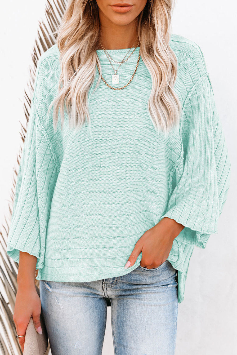 Apricot Exposed Seam Ribbed Knit Dolman Sweater