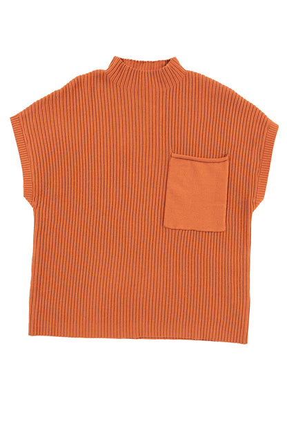 Blackish Green Patch Pocket Ribbed Knit Short Sleeve Sweater