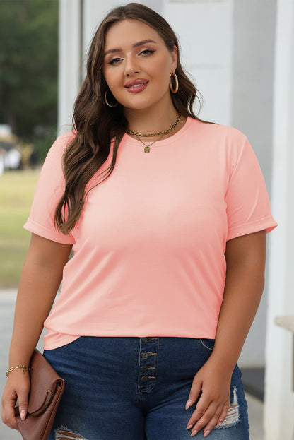 Pink Casual Plain Crew Neck Tee