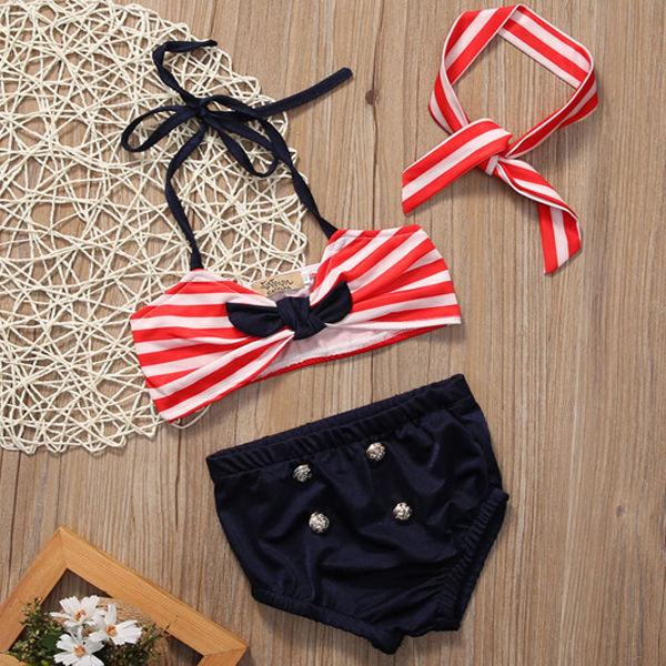 Red  White Stripe Swimsuit Headband 3pc Set