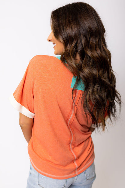 Grapefruit Orange Contrast Trim Exposed Seam V Neck T-shirt