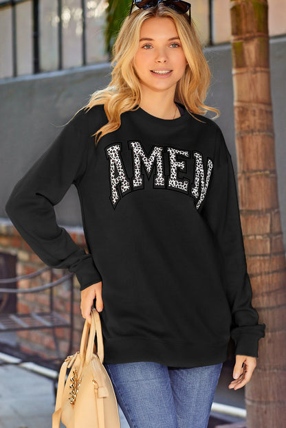 Pink AMEN Leopard Letter Print Oversized Pullover Sweatshirt