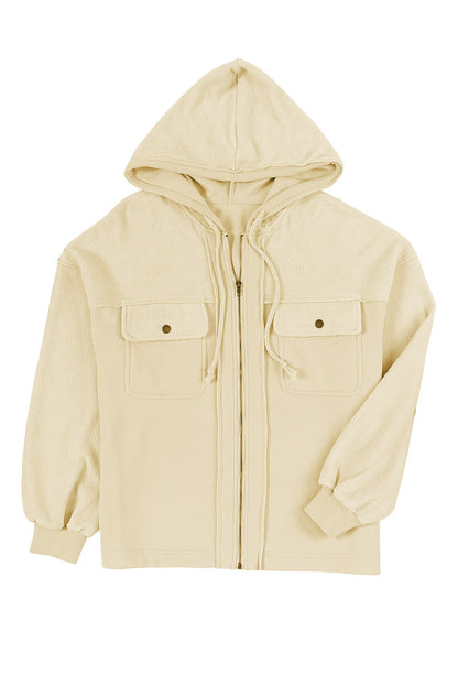 Gray Flap Pocket Drawstring Hood Zip Up Jacket