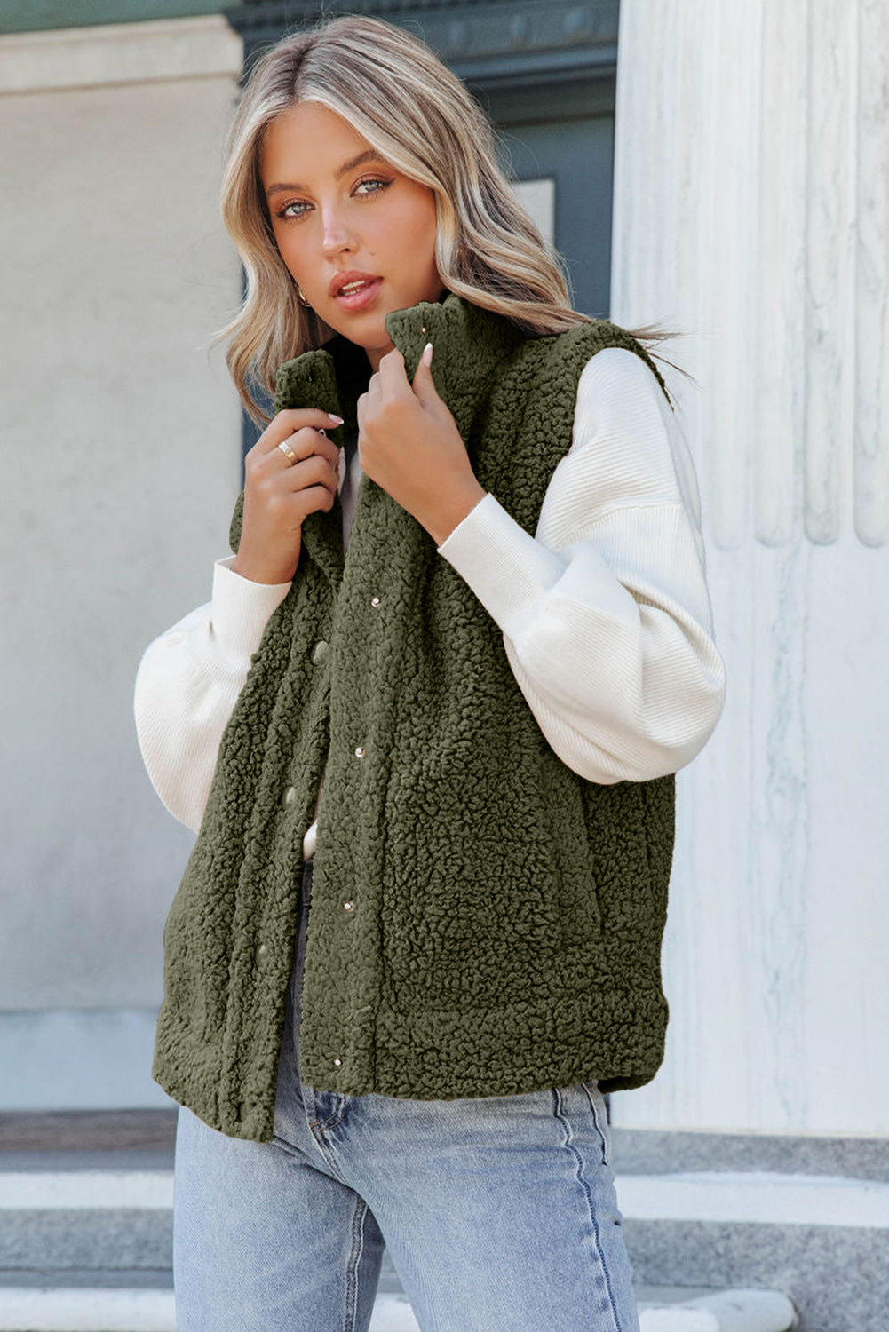 Khaki Plus Size Pocketed Sherpa Vest
