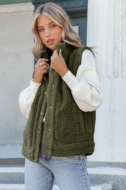 Khaki Plus Size Pocketed Sherpa Vest