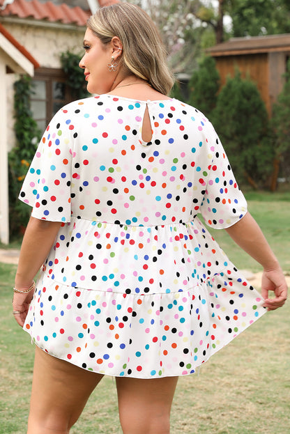 Beige Colorful Polka Dot Print Short Sleeve Ruffled Plus Size Babydoll Blouse