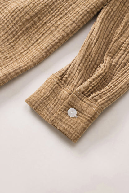 Light Blue Plus Size Split Neck Buttons Crinkled Blouse