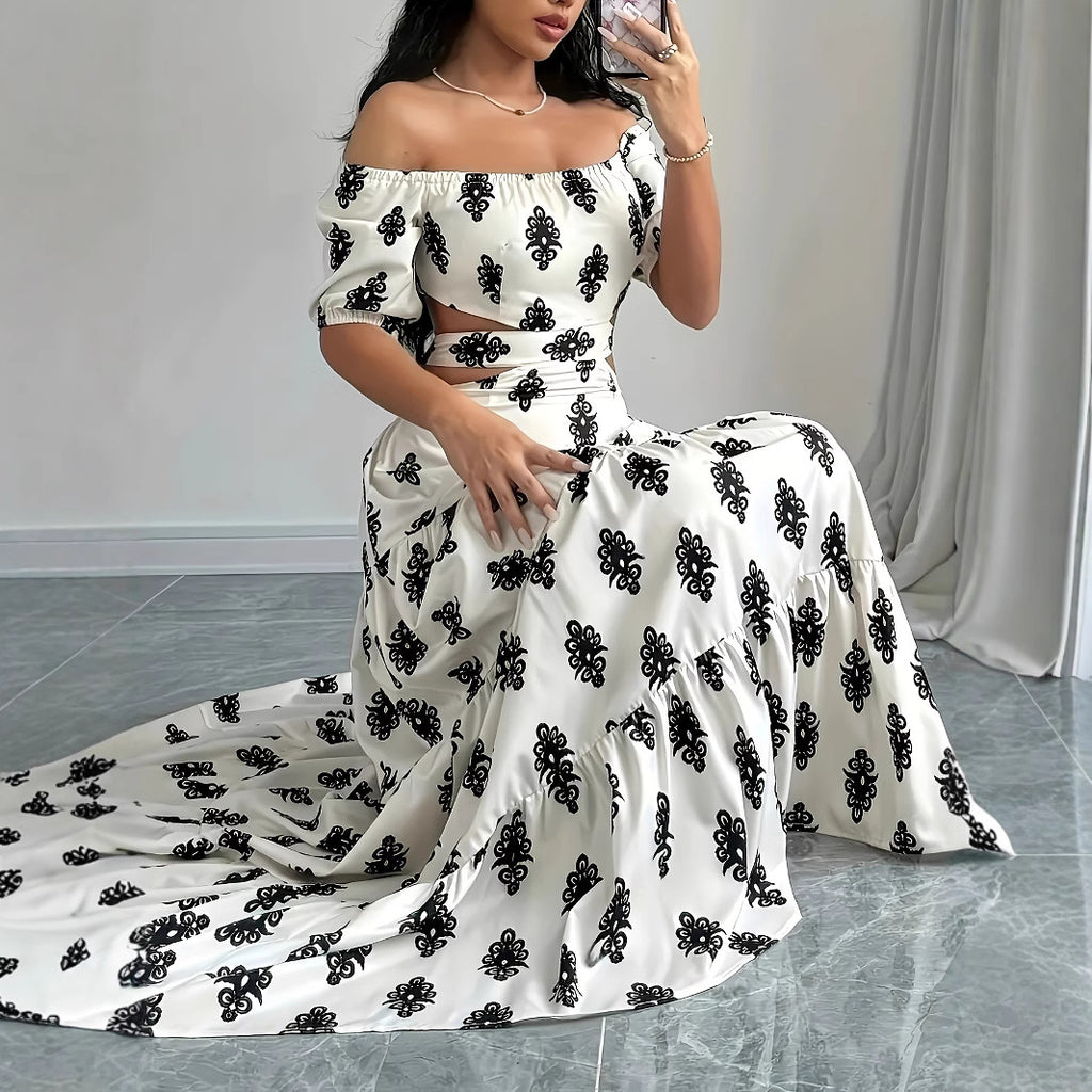 Womens Summer Printed Bandage Sexy A-Line Off-Shoulder Tube Dress