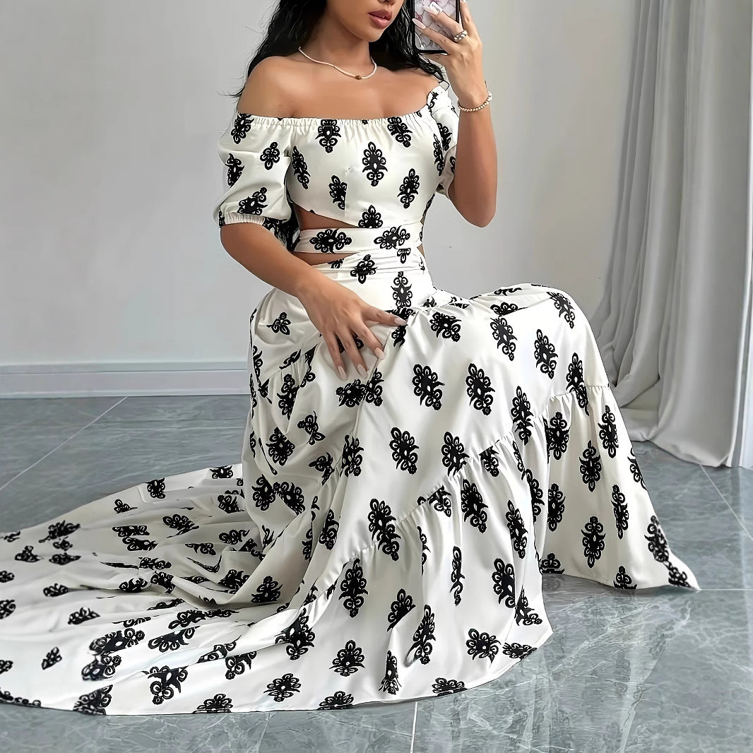 Womens Summer Printed Bandage Sexy A-Line Off-Shoulder Tube Dress