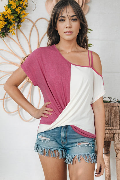 Khaki Asymmetric Colorblock Strappy Cold Shoulder Twist Hem Top