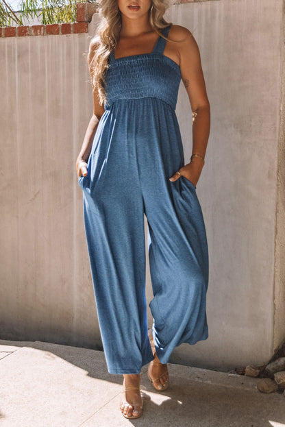 Blue Smocked High Waist Loose Wide Straps Jumpsuit