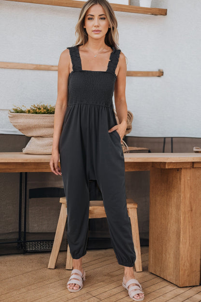 Gray Smocked Ruffled Straps High Waist Sleeveless Jumpsuit