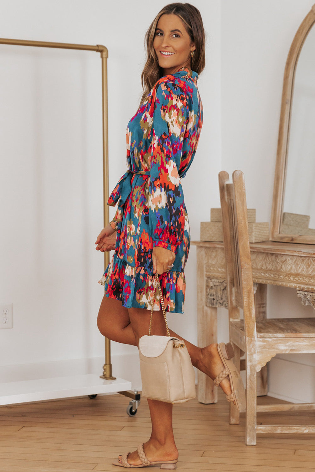 Black Abstract Print Ruffled Drawstring High Waist Mini Dress