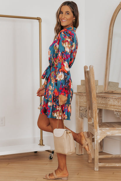 Black Abstract Print Ruffled Drawstring High Waist Mini Dress