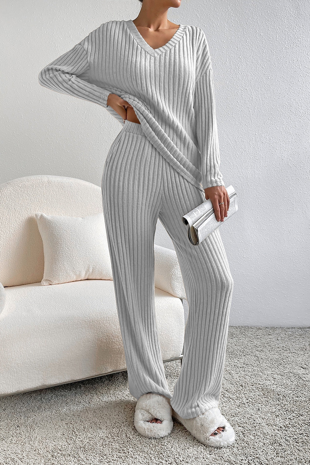 Pink Plain Ribbed Loose Fit Two Piece Lounge Set