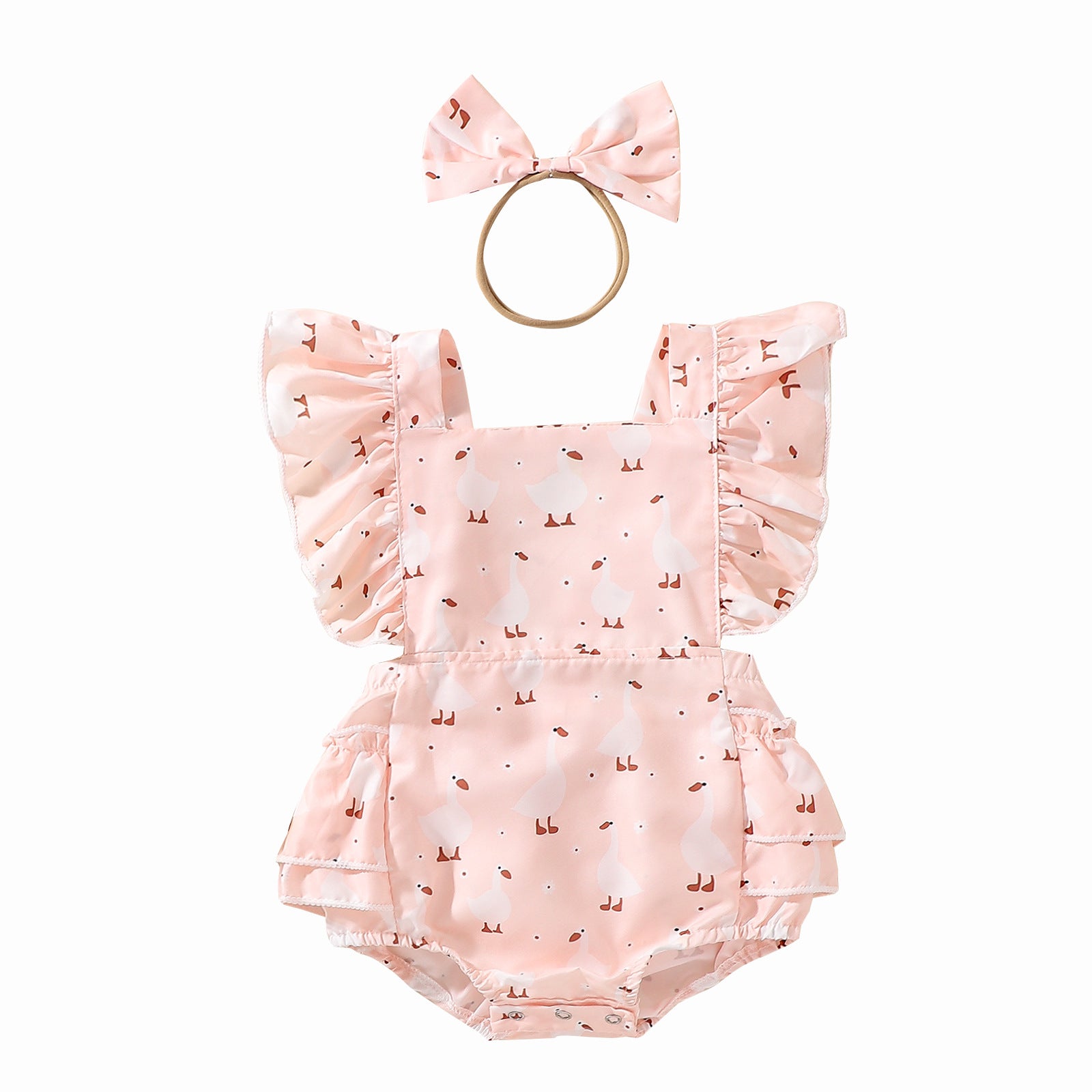 Cartoon Duck Flounced Sleeve Romper Hair Band Set