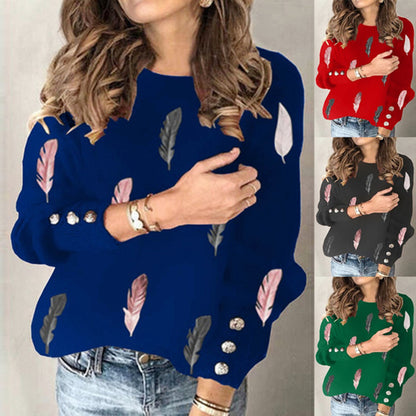 Feather Print Round Neck Long-sleeved Knit Sweater  Top Women's Clothing