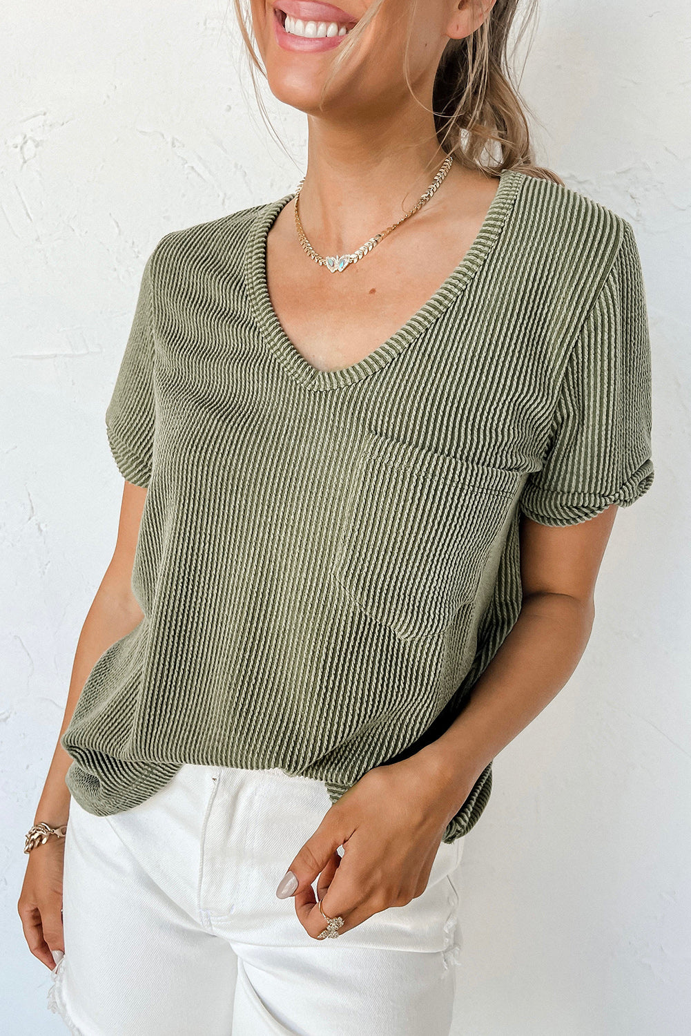 Carbon Grey Twist Short Sleeve Corded V Neck Top