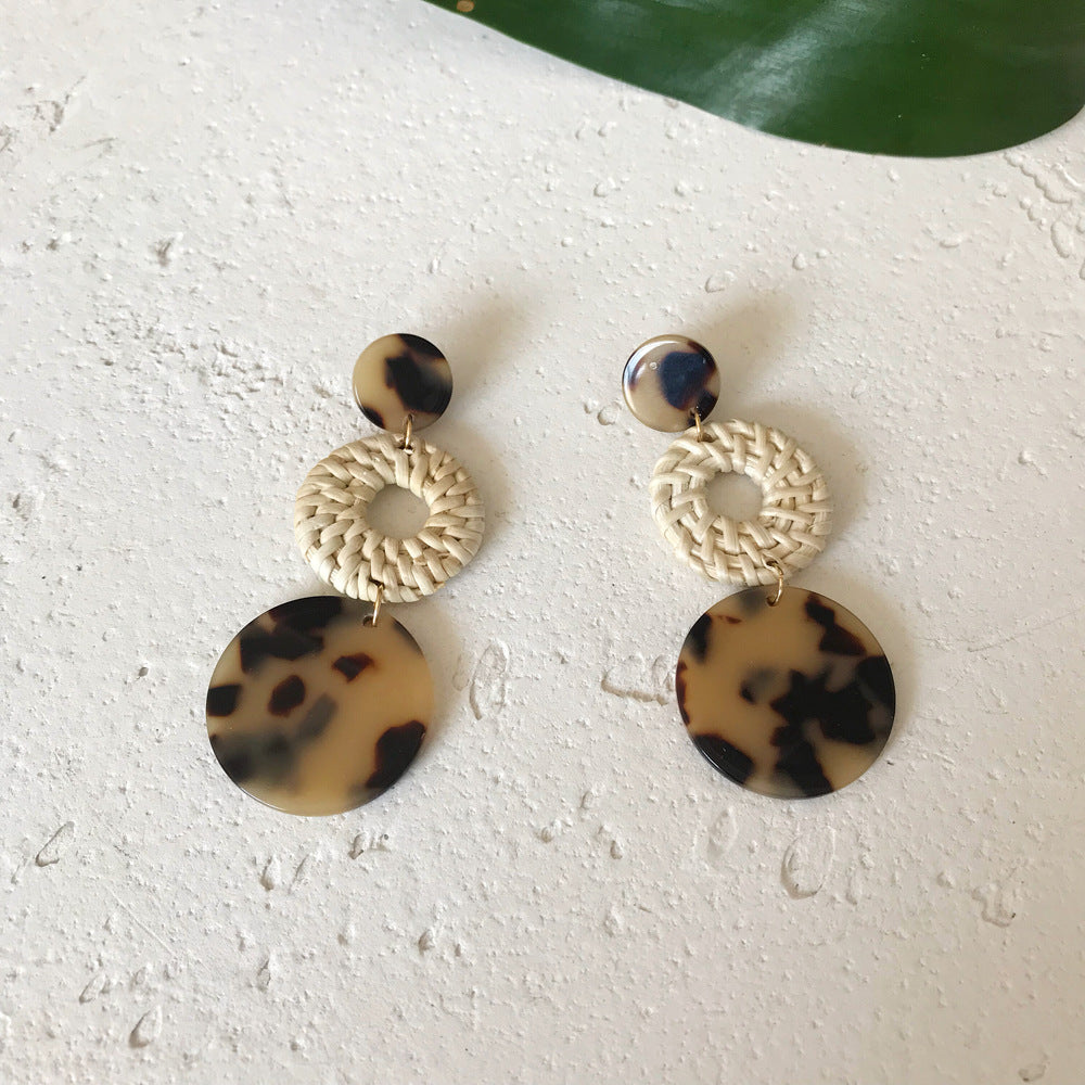 Resin Rattan Earrings Imported Bamboo And Rattan Handmade Leopard Earrings Geometric Round Earrings
