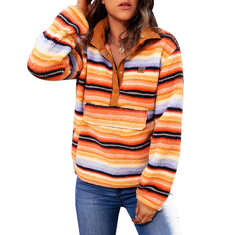 Multi-color Stripe Button Lambswool European And American Pocket Sweatshirt