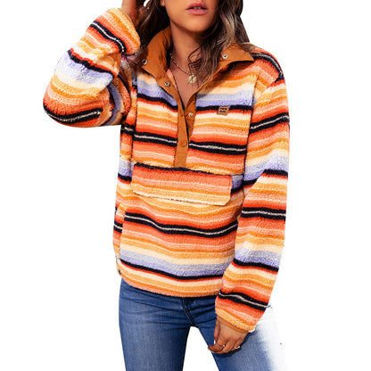 Multi-color Stripe Button Lambswool European And American Pocket Sweatshirt
