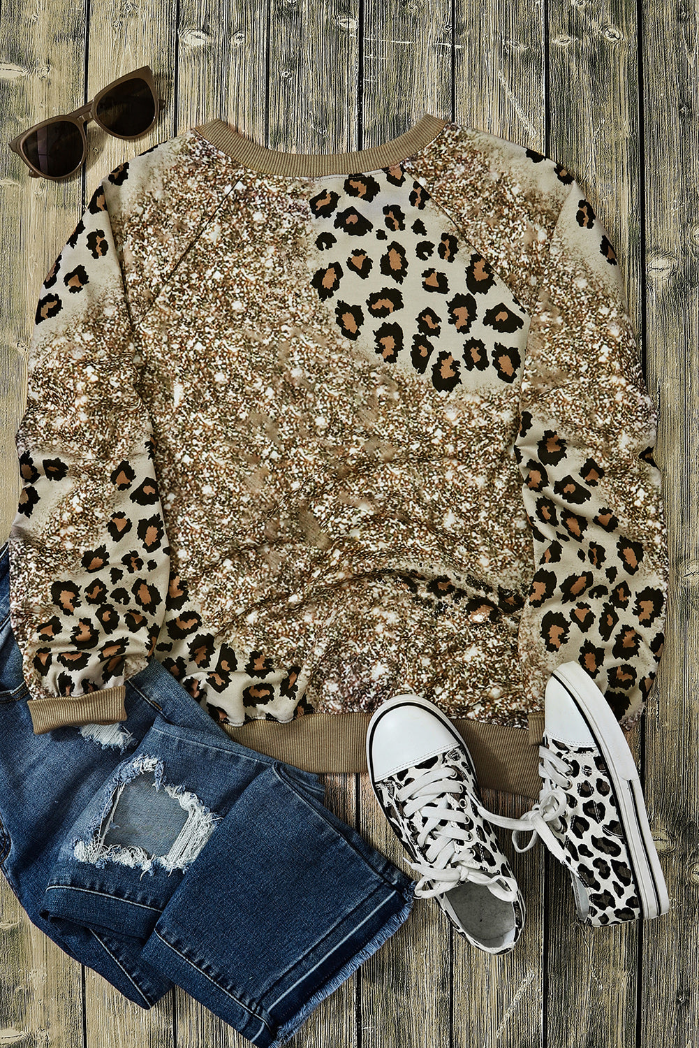 Leopard Bleached Tie Dye Leopard Print Long Sleeve Top