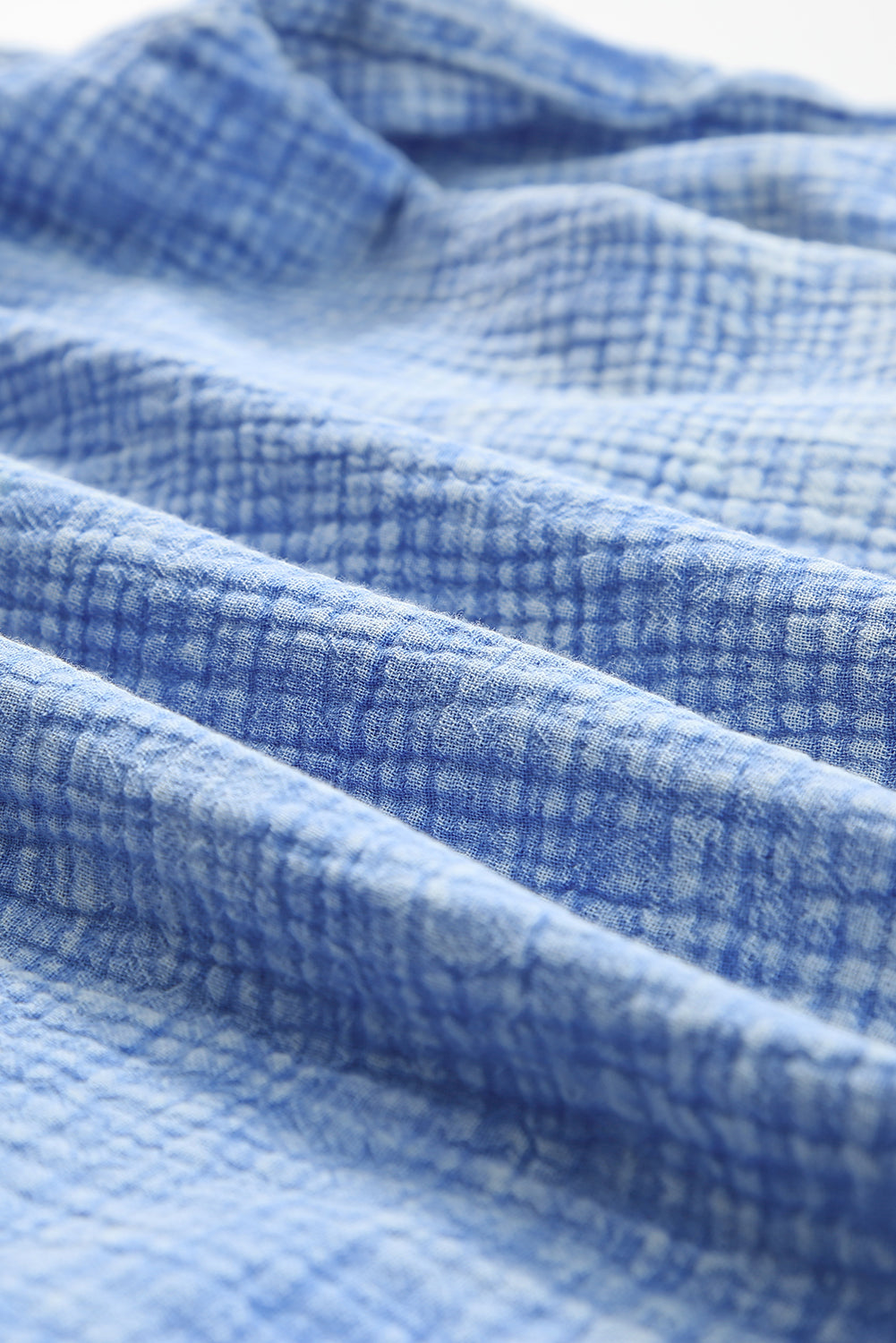 Light Blue Plus Size Split Neck Buttons Crinkled Blouse